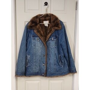Faux Fur-Lined Denim Jacket - Blue with Brown Trim